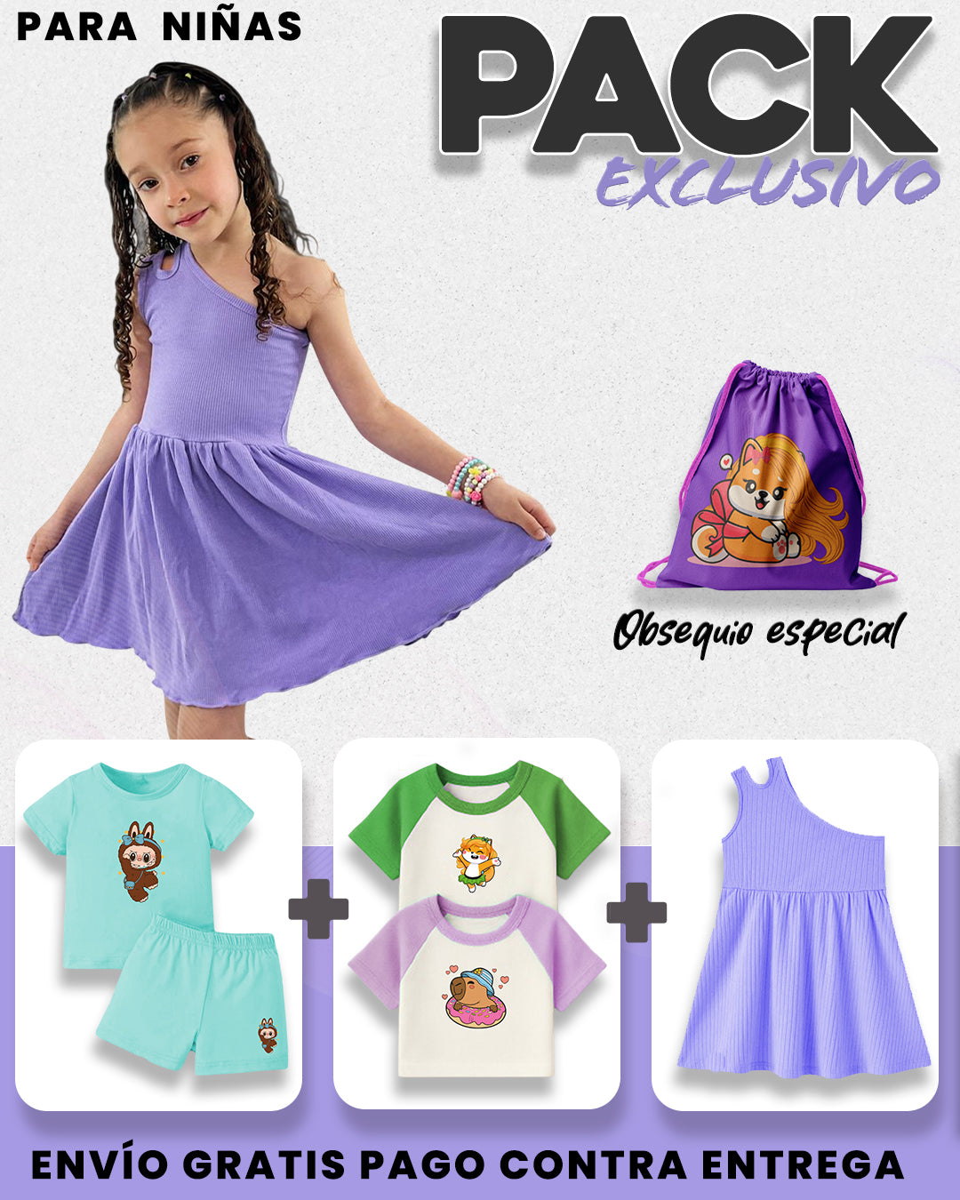 PACK COMBINADO NIÑA 1 CONJUNTO NIÑA + 2 CAMISETA + 1 VESTIDO JAZMIN