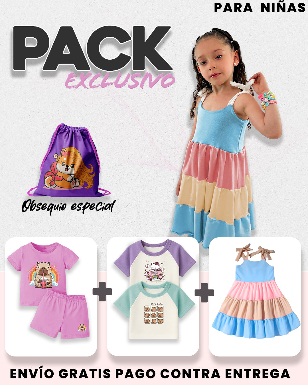 PACK COMBINADO 1 CONJUNTO NIÑA + 2 CAMISETA RANGLAN + 1 VESTIDO SOFIA