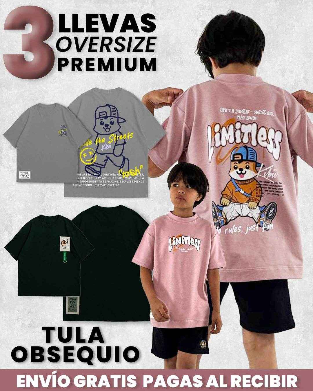 PACK X3 GRIS-OSCURO-ROSADO - KIDSPREMIUM