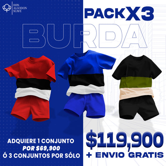 CONJUNTO NIÑO BURDA - ROJO - AZUL REY - NEGRO -  MAS TULA OBSEQUIO