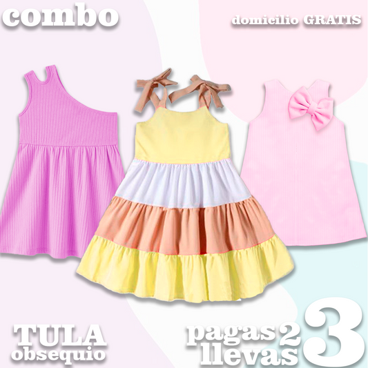 VESTIDOS NIÑA - SOFIA AMARILLO- ARIEL LILA- JAZMIN ROSADO MAS TULA OBSEQUIO