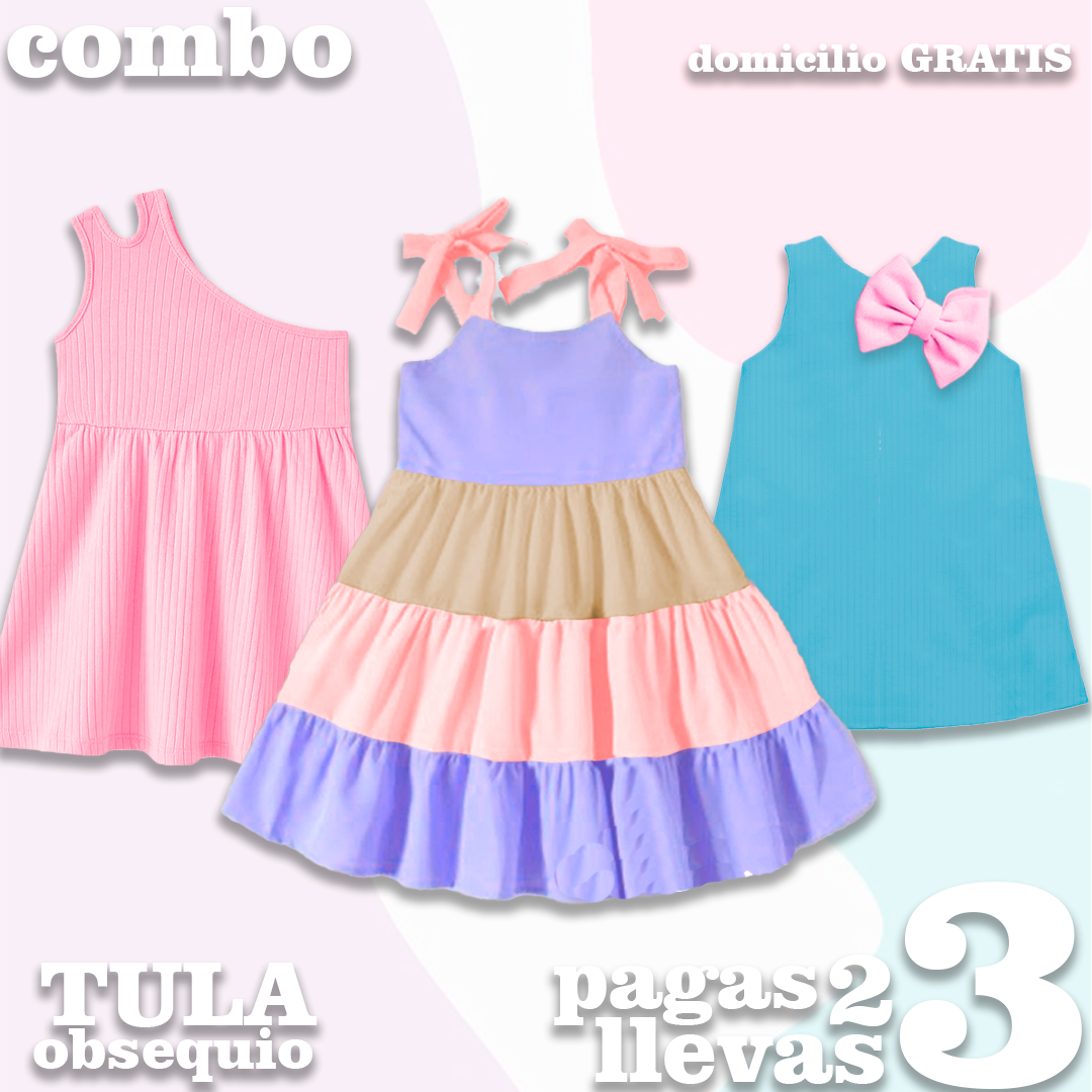 VESTIDOS NIÑA - JAZMIN ROSADO - SOFIA LILA- ARIEL CELESTE-  MAS TULA OBSEQUIO