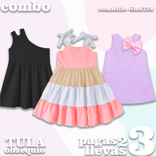 VESTIDOS NIÑA - JAZMIN NEGRO - SOFIA ROSADO- ARIEL LILA-  MAS TULA OBSEQUIO