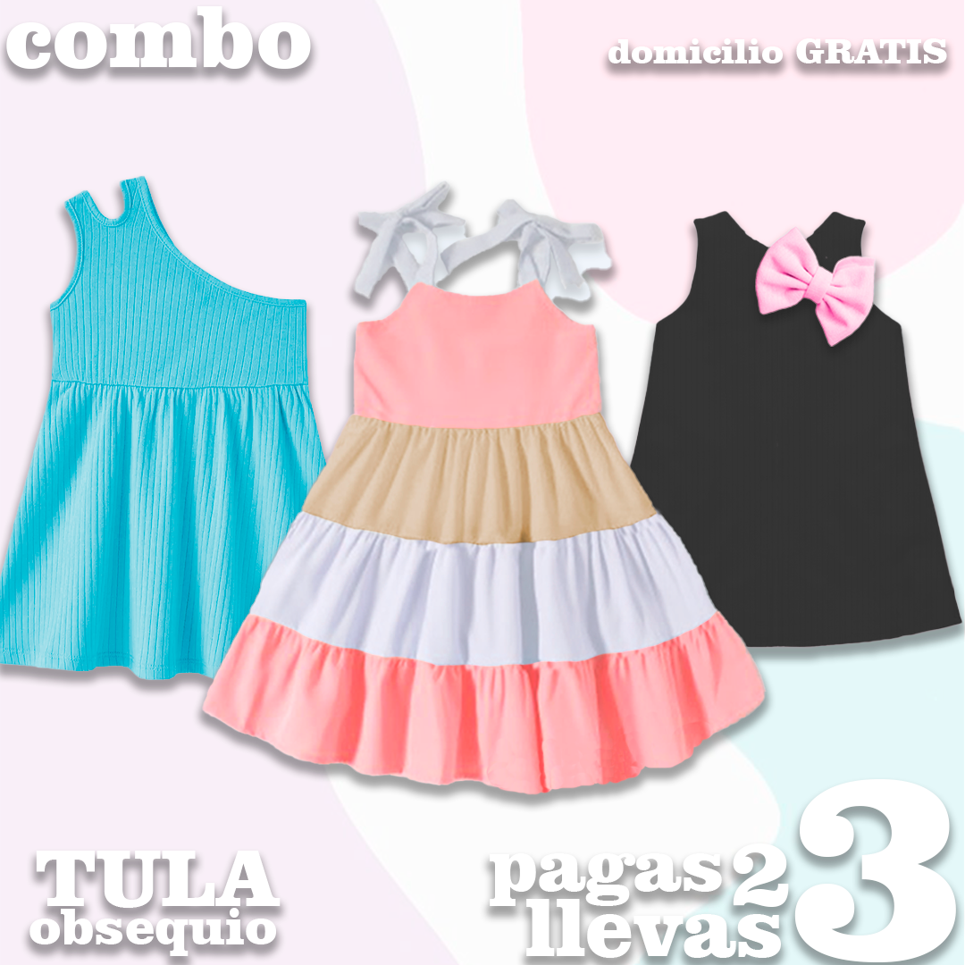 VESTIDOS NIÑA - JAZMIN CELESTE - SOFIA ROSADO- ARIEL NEGRO-  MAS TULA OBSEQUIO